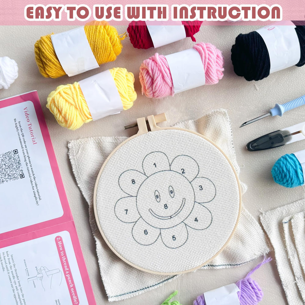 SEREDH Punch Needle Coasters Kit for Beginners Adults Easy Needle Punch Embroidery Kit Set Threader Instruction Fabric Hoop Yarn Tufting Coaster DIY Making,Coaster Holder Coaster Art Craft Supplies SEREDH