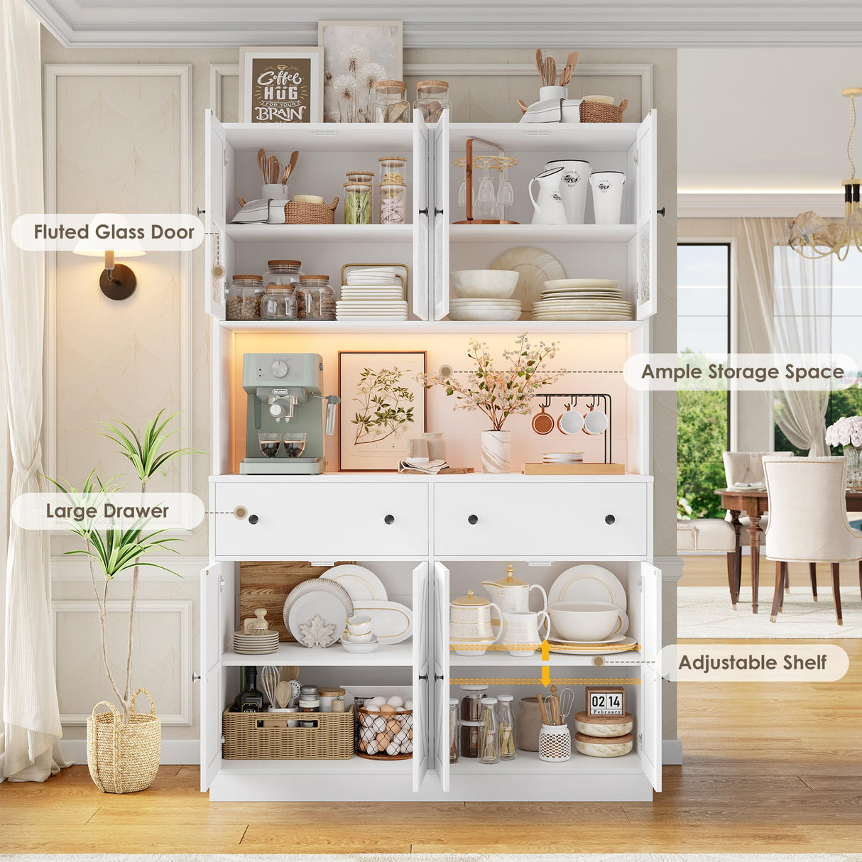 FINETONES 71" Pantry Cabinet with LED Light and Charging Station, Farmhouse Kitchen Pantry Cabinet with Microwave Stand, 47.2" Wide Kitchen Hutch Food Pantry with Open Countertop, White FINETONES