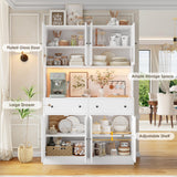 FINETONES 71" Pantry Cabinet with LED Light and Charging Station, Farmhouse Kitchen Pantry Cabinet with Microwave Stand, 47.2" Wide Kitchen Hutch Food Pantry with Open Countertop, White FINETONES