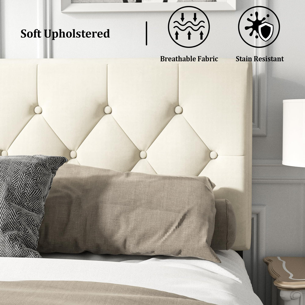 HAOARA Queen Size Platform Bed Frame with Upholstered Button Tufted Headboard, Mattress Foundation with Wooden Slat Support, Noise Free, No Box Spring Needed, Easy Assembly, Beige Velvet HAOARA