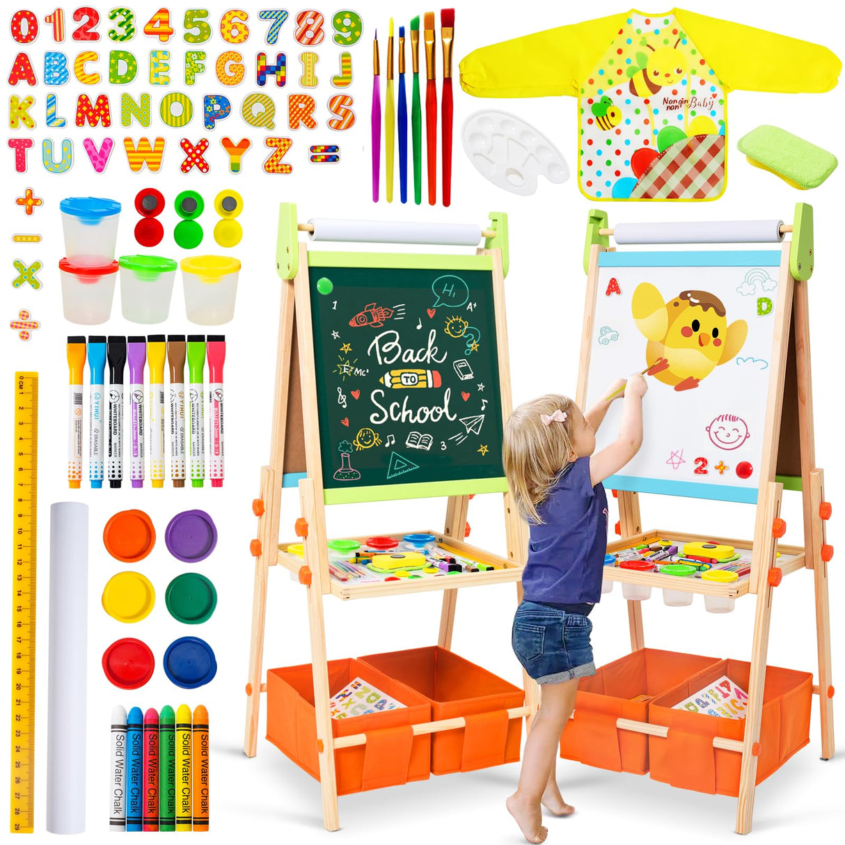 Kids Easel Including 100+ Accessories, Rundad Double Sided Wooden Easel for Kids Age 3-8 with Magnetic Chalkboard & Painting Board, Free Height Adjustable Art Easel Supplies for Toddlers Rundad