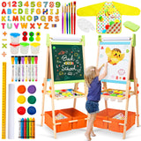 Kids Easel Including 100+ Accessories, Rundad Double Sided Wooden Easel for Kids Age 3-8 with Magnetic Chalkboard & Painting Board, Free Height Adjustable Art Easel Supplies for Toddlers Rundad
