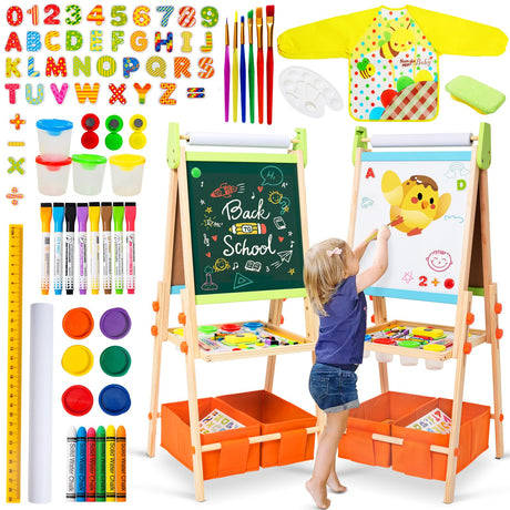 Kids Easel Including 100+ Accessories, Rundad Double Sided Wooden Easel for Kids Age 3-8 with Magnetic Chalkboard & Painting Board, Free Height Adjustable Art Easel Supplies for Toddlers Rundad