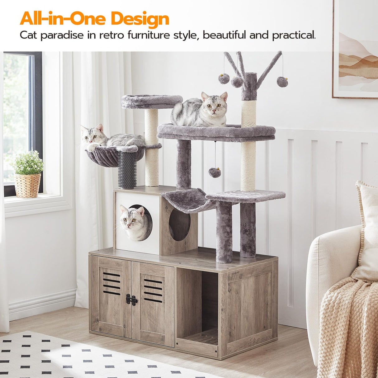 HOOBRO Large Hidden Litter Box, Cat Tree with 30.7'' Long Litter Box Enclosure, Modern Cat Tower, Cat Condos with Scratching Posts, Rubbing Post, Hammock and Teaser Sticks, Greige BG28MZ03G1 HOOBRO