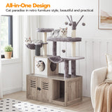 HOOBRO Large Hidden Litter Box, Cat Tree with 30.7'' Long Litter Box Enclosure, Modern Cat Tower, Cat Condos with Scratching Posts, Rubbing Post, Hammock and Teaser Sticks, Greige BG28MZ03G1 HOOBRO