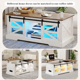 Farmhouse Coffee Table, Lift Top Coffee Table with Gun Cabinet, 2 Sliding Barn Doors-Large Storage and 3 Color LED Lights fit Modern Rectangular Rustic Living Room Center Table,White FREDEES