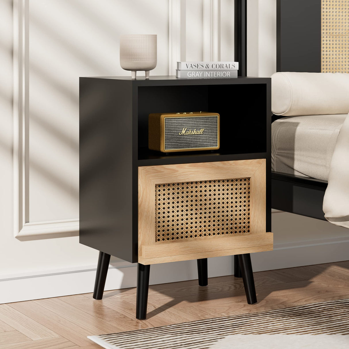 Anbuy Rattan Nightstand Set of 2, Wooden End Side Table, Bedside Table with Open Storage Shelve and Door, Night Stands for Bedroom Living Room 2-Pack Anbuy