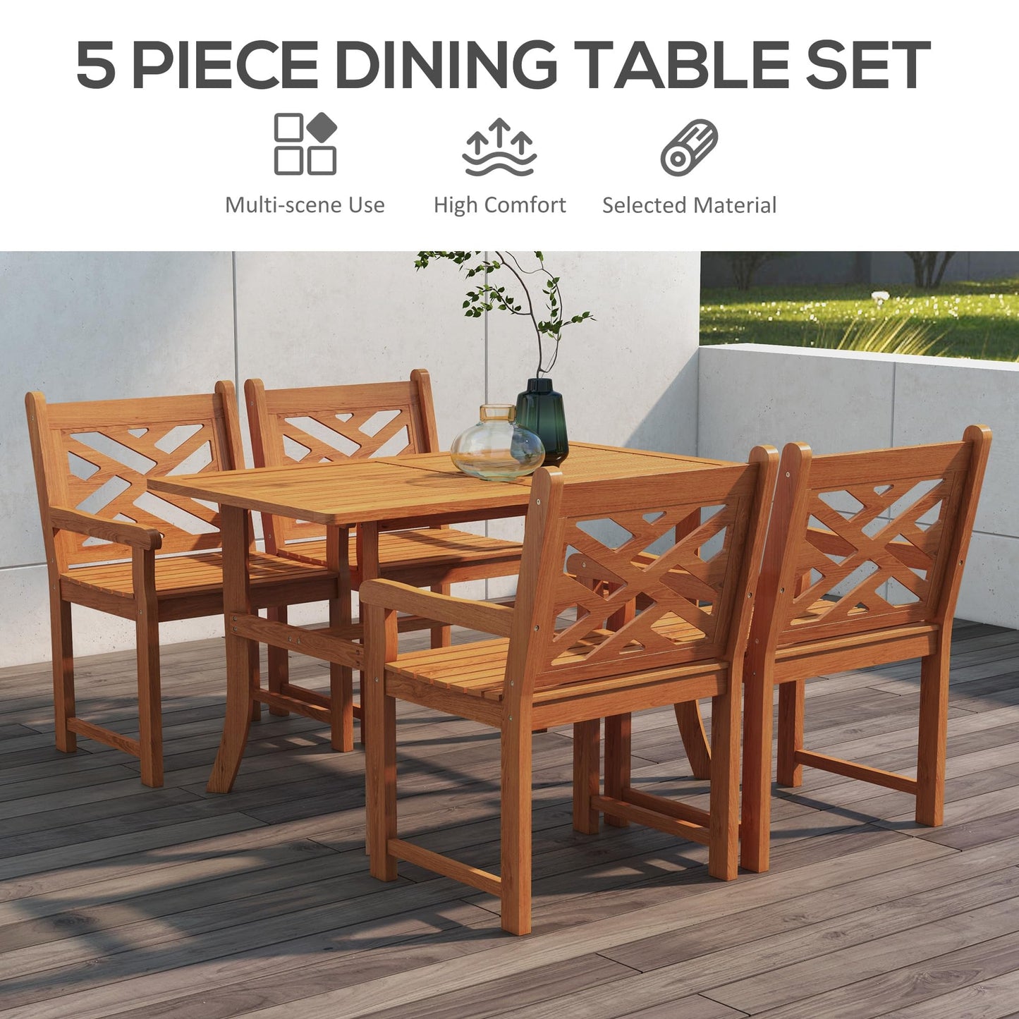 Outsunny Outdoor Patio Dining Set, 4 Seater Wood Dining Table and Chairs for Backyard, Conservatory, Garden, Poolside, Deck, Teak - WoodArtSupply