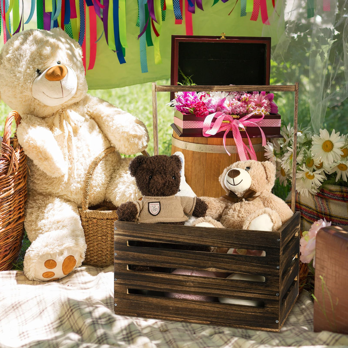 Suzile Wooden Baby Shower Crate Closet, Wood Hamper New Baby Gift Basket with Handle Gender Reveal Storage Box for Pregnancy New Parent(Black Walnut Color,Classic) Suzile