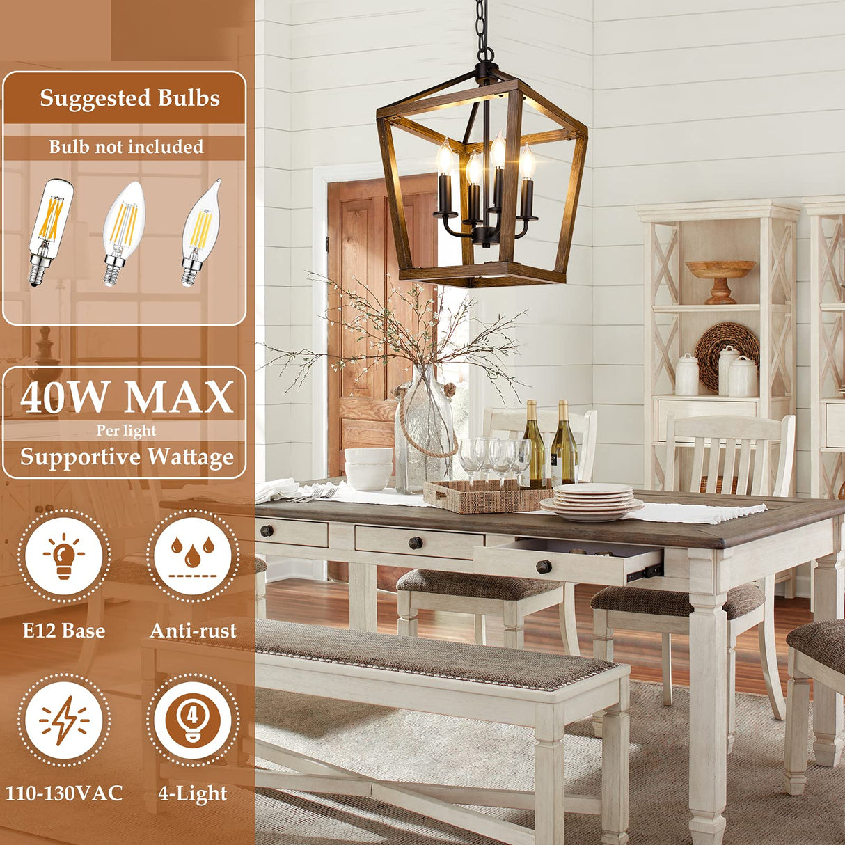 Farmhouse Chandelier Light Fixture for Kitchen Dining Room, 4-Light Rustic Pendant Hanging Ceiling Light Height Adjustable in Oak Wood Finish, Cage Lantern Lighting with E12 Base for Hallway Foyer BrightHome