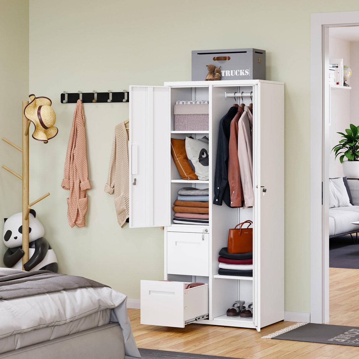 PEUKC Metal Storage Cabinets with Locking Doors, 67" Freestanding Clothing Coat Storage Wardrobe Lockers for Office, Home, School, Garage, Gym (White) PEUKC