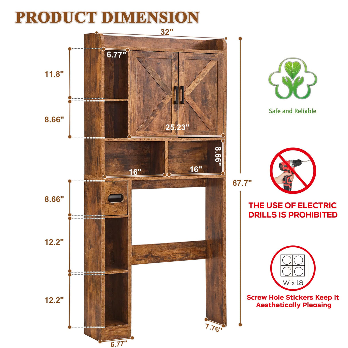Viroformo Over The Toilet Storage Cabinet, Farmhouse Storage Cabinet 32 Inches Width Over Toilet with 2 Barn Door and Toilet Paper Holder Stand, White Toilet Rack for Bathroom, Laundry, Restroom Viroformo