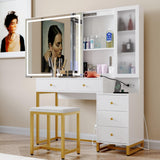 Jartoil Vanity Desk with Lighted Mirror and Charging Station, Extra Large Mirror Vanity Dresser with Storage Shelves, Modern Vanity Set with Nightstand, Cushioned Stool (White-1) Jartoil