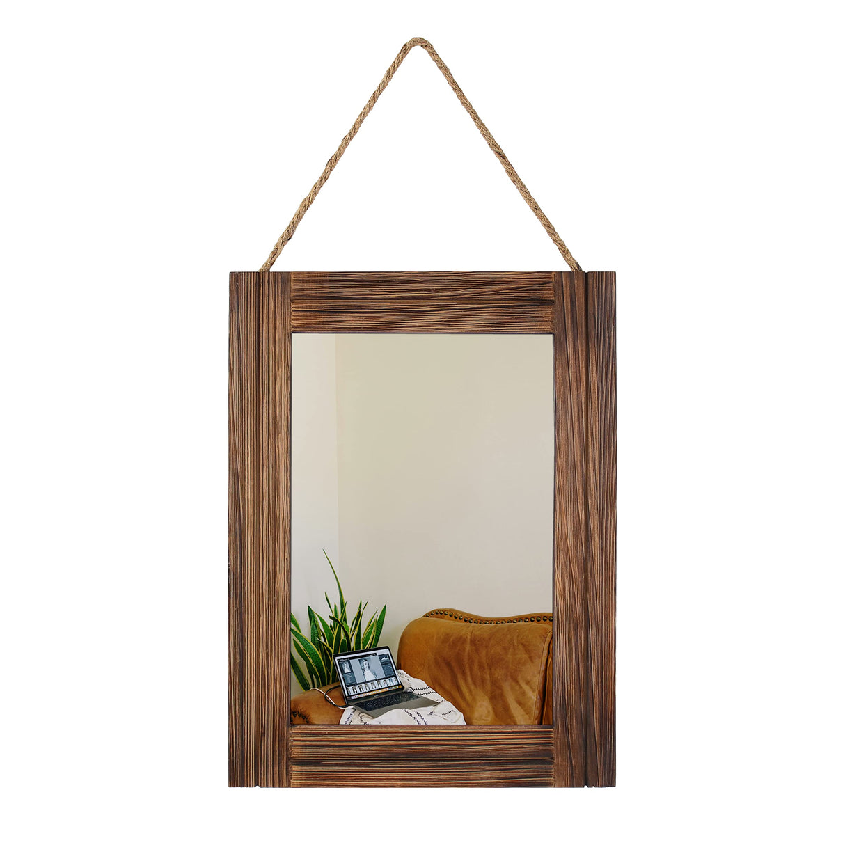 Emaison 16 X 12 Inch Rustic Wood Framed Wall Mirror with Hanging Rope for Farmhouse Decor, for Entryway, Bedroom, Bathroom, Dresser, Brown EMAISON