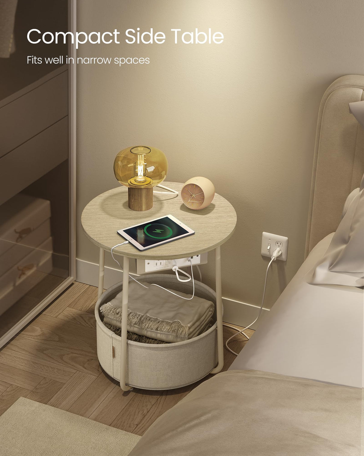 VASAGLE Side Table with Charging Station, Round End Table, Nightstand with Power Outlets, USB Ports, Fabric Basket, Living Room, Bedroom, Modern, Cream White ULET228N01 VASAGLE
