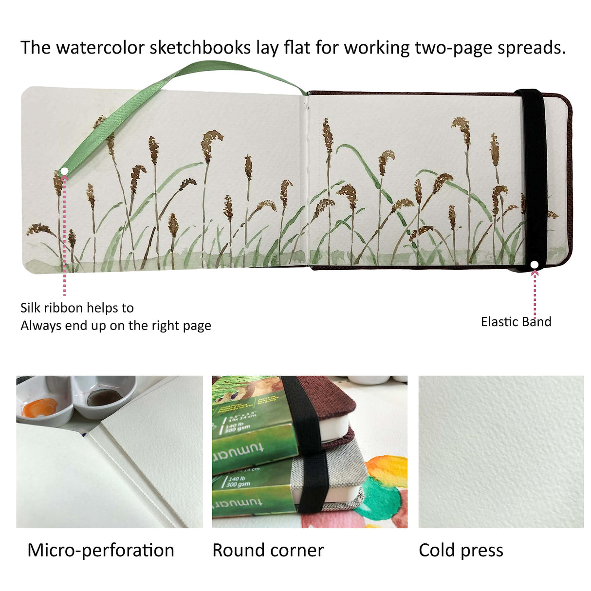 tumuarta Watercolor Journal, 3.5x5.5”, 140 LB, 300 GSM, Cotton Paper, Cold Press, 24 Sheets, 48 Pages, Watercolor Sketchbooks for Use As Travel Notebook Mixed Media Pad On The Go tumuarta
