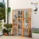 PawHut Outdoor Catio Cat Enclosure, Large Wooden Cat House with 6 Jumping Platforms, Scratching Post, 2 Ramps, Waterproof Roof, Cat Cage Window Access for 2-3 Kittens, 99" H, Orange PawHut