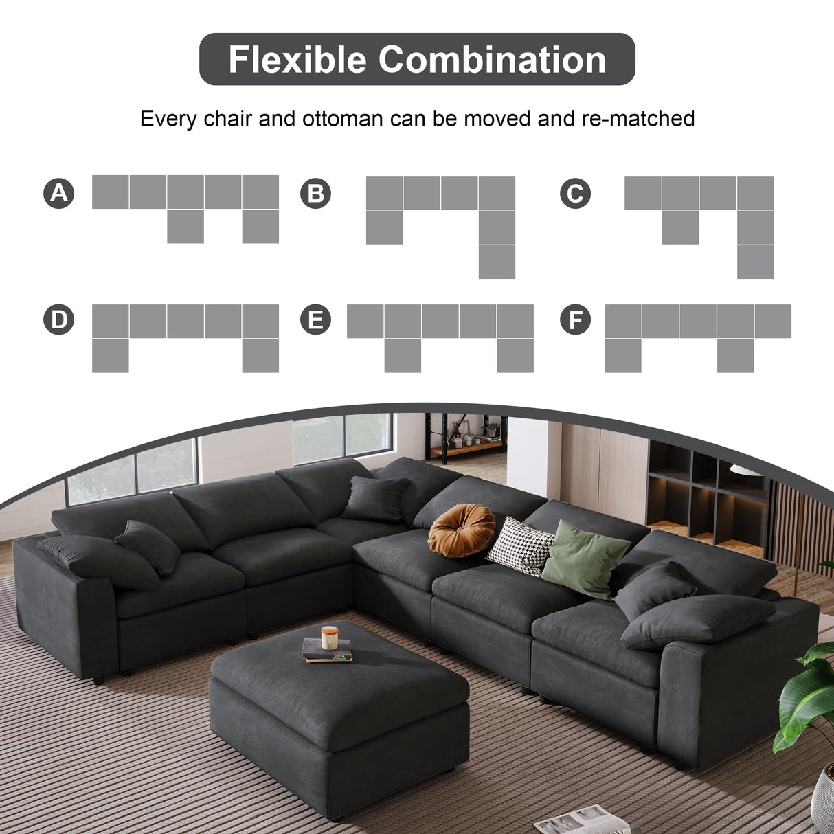Tmsan 129.3" Oversized Modular Sectional Sofa, U Shaped Couch with Movable Ottoman, Large 7 Seater Corner Sofa for Living Room, Office, Spacious Space, Grey Tmsan