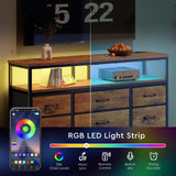 YeTom Tv Stand Dresser for Bedroom with Charging Station and LED Lights,9 Fabric Drawers Rustic Brown TV Stand with Open Shelf Storage,Media Console for TV ups to 55",Metal Frame,Wood Top,Rustic Brown YeTom