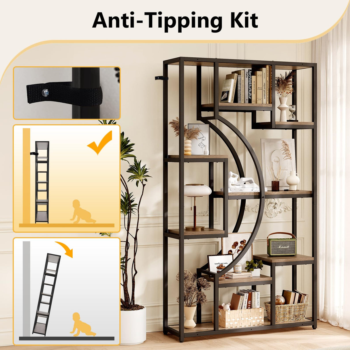 70.8" Tall Bookshelf Set of 2, 79" Wide Geometric Display Shelf with 18 Open Storage Shelves, Scratch-Resistant Gray Wash & Metal Frame, for Living Room, Office, Bedroom – Anti-Tip & Adjustable Feet HolliWill