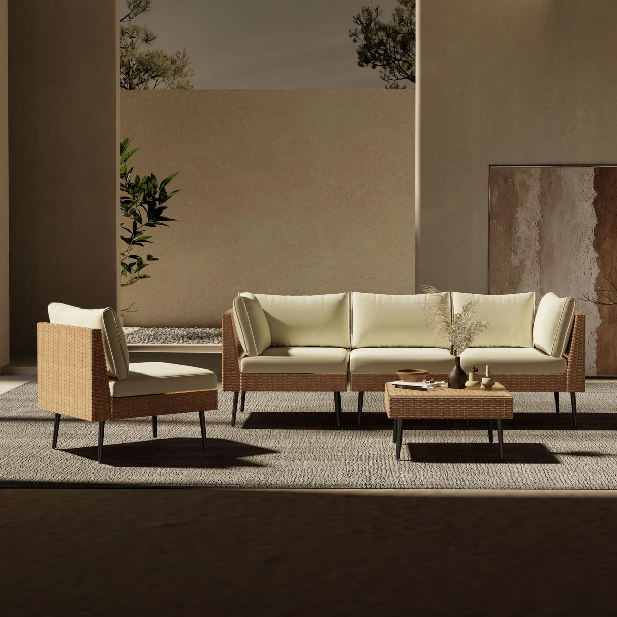 ENSTVER Outdoor Patio Sectional Furniture Set, 5 Piece Wicker Patio Furniture with Widened and Densely Woven Rattan, Conversation Patio Furniture with Thick Cushions for Garden, Backyard ENSTVER