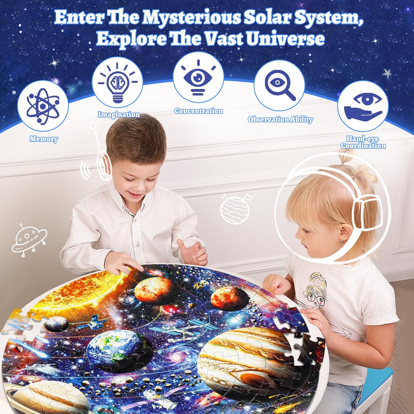 DIGOBAY Glow in The Dark Solar System Jigsaw Puzzles for Kids Ages 4-8, 70 Pieces Kids Space Planet Floor Puzzle Toys Ages 8-10, Large Round Educational Puzzle Toys Gifts for Boys Girls Children