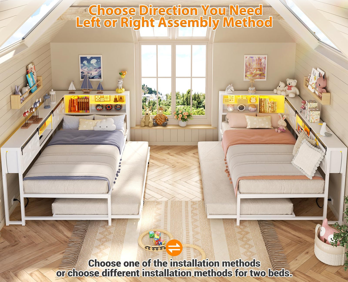 Homieasy Corner Bed Frame with Trundle, Reversible Metal Twin Daybed with LED & Charging Station, Farmhouse Platform Bed Frame with Bookcase Storage for Bedroom Guest/Living Room, White Homieasy