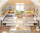 Homieasy Corner Bed Frame with Trundle, Reversible Metal Twin Daybed with LED & Charging Station, Farmhouse Platform Bed Frame with Bookcase Storage for Bedroom Guest/Living Room, White Homieasy