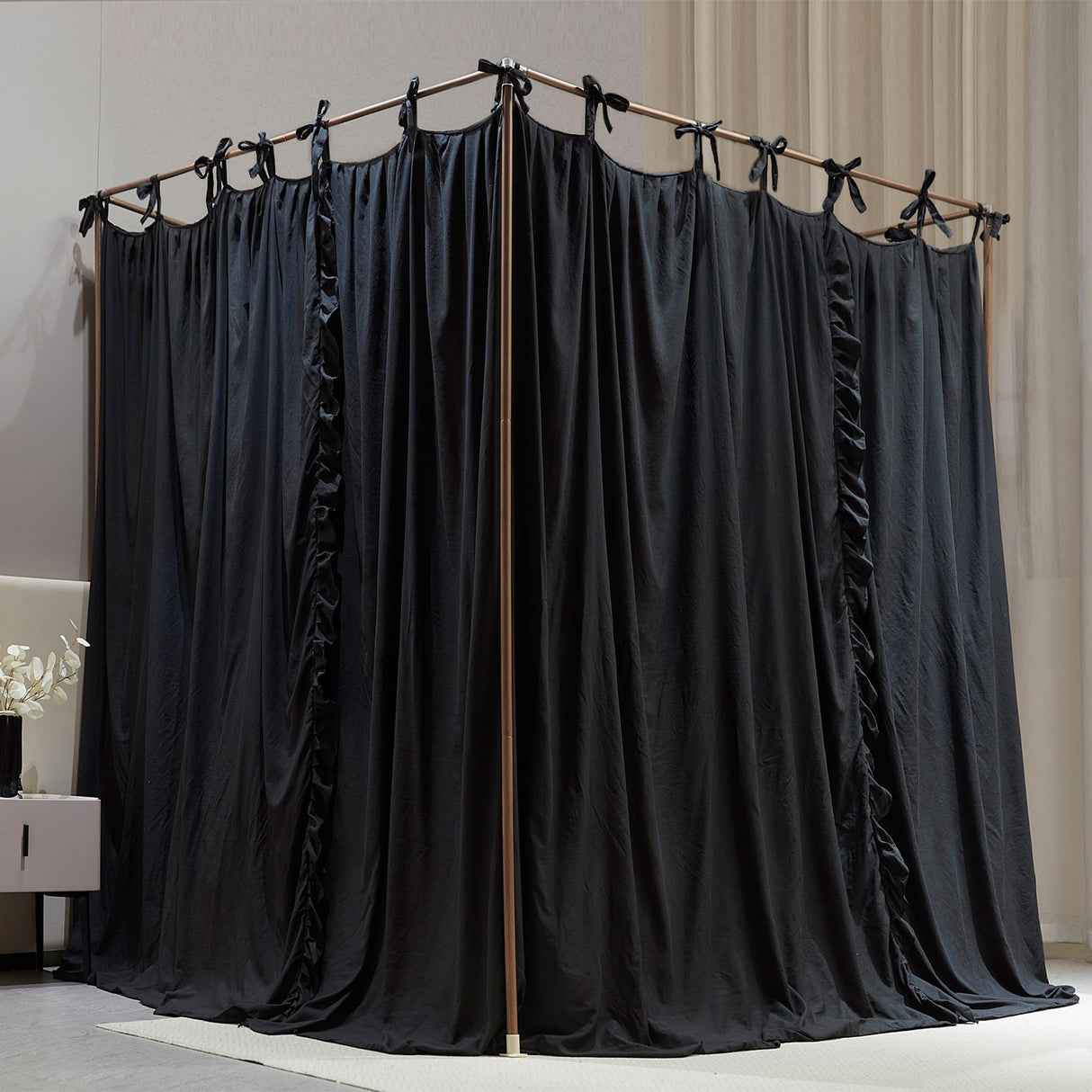 AIOOO 4 Corners Post Princess Curtain Bed Canopy Double Layer Cozy Mosquito Net Mesh and Cloth for Girls Adults Bedroom Decoration (Double-Black/Black, 53" W*78" L*82"*H/(Full)) AIOOO