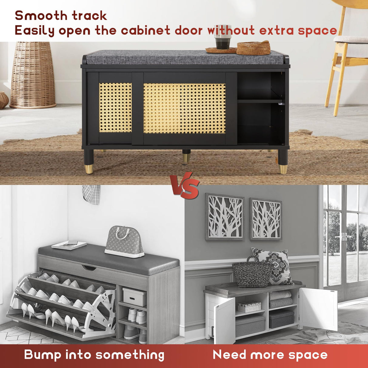 Anbuy Shoe Storage Bench for Entryway with Rattan Door, Rattan Shoe Rack Bench entryway Bench, Shoe Cabinet with Soft Cushion, Holds 300 lb, 31.5 x 13.78 x 19.1 inches (Black) Anbuy