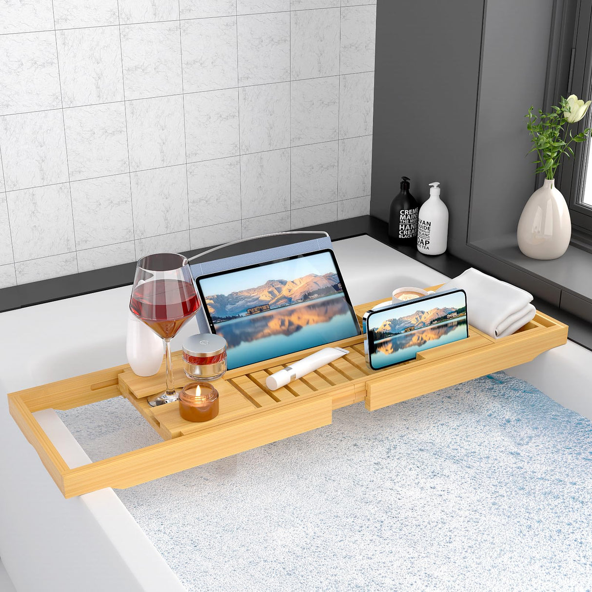 Sen Yi Bao Luxury Bathtub Caddy Tray，Bamboo Bathtub Tray Caddy - Wood Bath Tray Expandable，Can be Placed Book and Integrated Tablet Smartphone and Wine Holder - Gift Idea for Loved Ones Sen Yi Bao