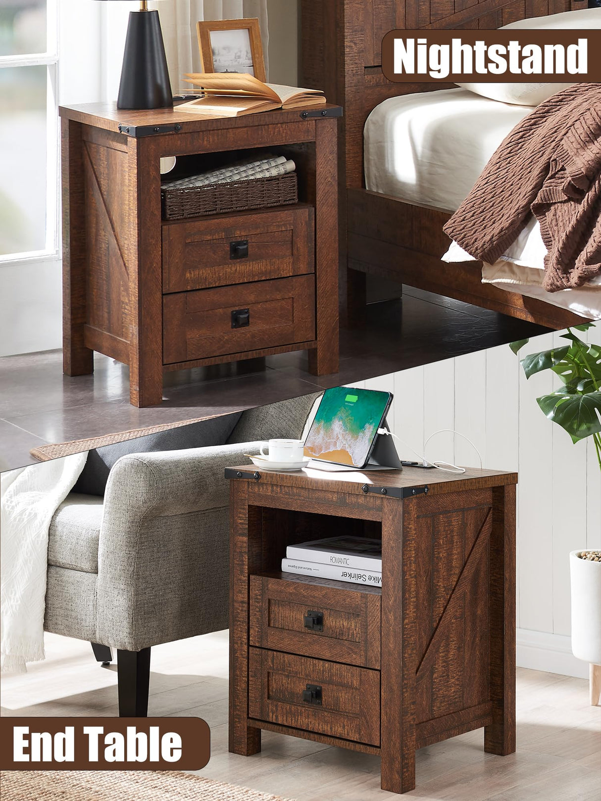 T4TREAM Nightstand wtih Charging Station, End Table, Side Table with 2 Drawers Storage Cabinet for Bedroom, Living Room, Farmhouse Design, Wood Rustic, Reclaimed Barnwood T4TREAM