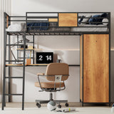 Twin Loft Bed with Desk and Storage Shelf, Twin Size Loft Bed with Wardrobe and L-Shaped Desk, Heavy Duty Loft Bed with Ladder and Guardrail(Twin Loft Bed Black) Bellemave