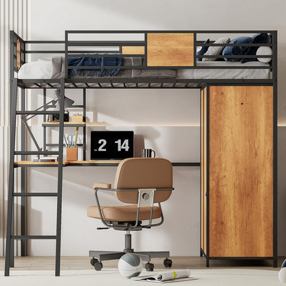 Twin Loft Bed with Desk and Storage Shelf, Twin Size Loft Bed with Wardrobe and L-Shaped Desk, Heavy Duty Loft Bed with Ladder and Guardrail(Twin Loft Bed Black)