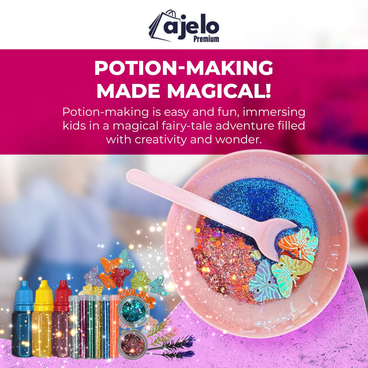 Ajelo Fairy Potions Kit for Kids Magic Set with Wings Wands, 15 Bottles, Halloween & Christmas Party DecorationsToys Girls & Boys Ages 4+ Years Ajelo