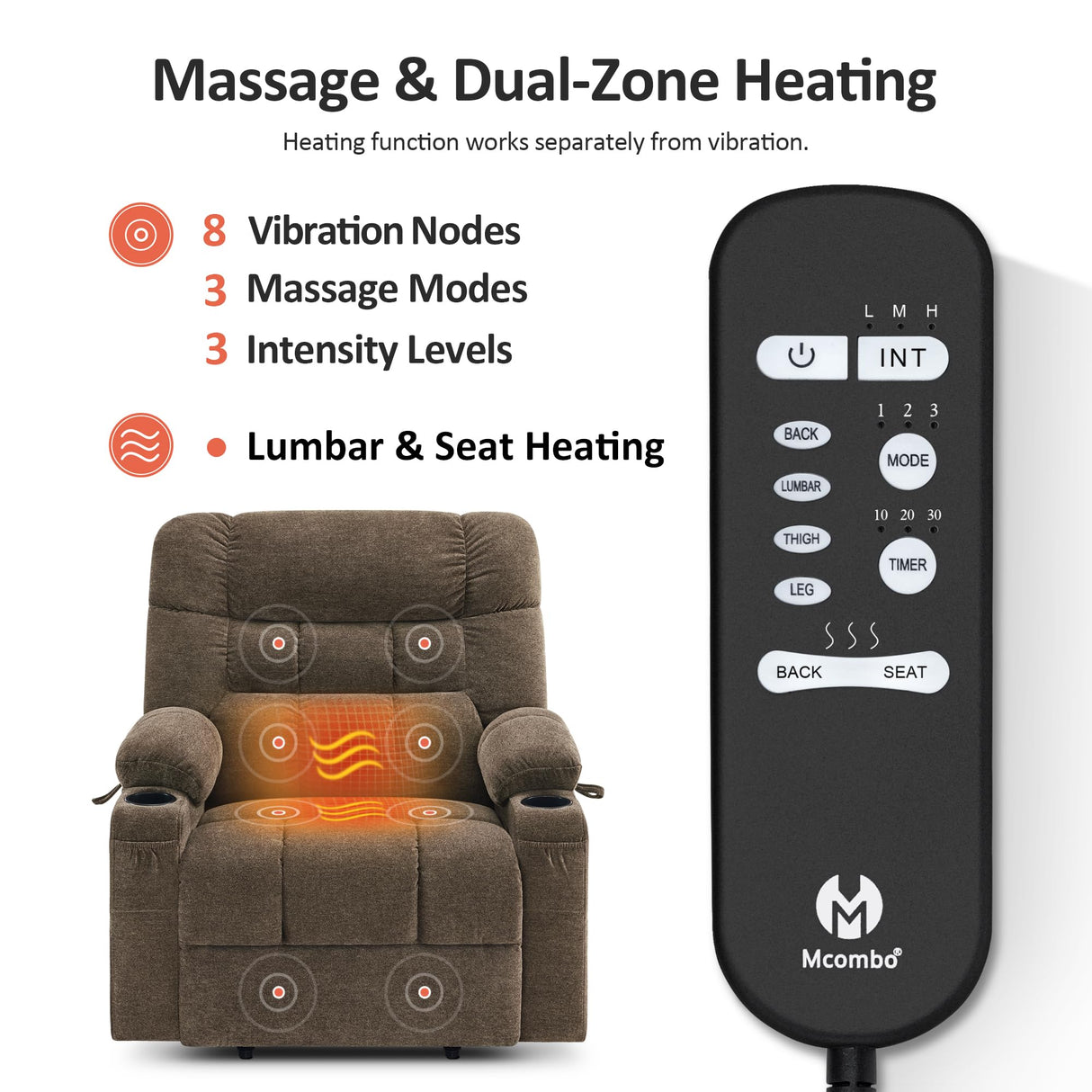 MCombo Dual Motor Power Lift Recliner Chair with Massage and Dual Heating for Elderly, Lay-Flat for Sleeping, Extra Wide for Big and Tall, Fabric R7070 (Coffee) MCombo