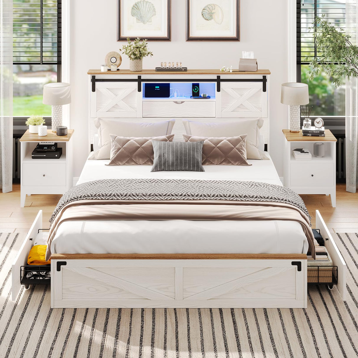 Hasuit Rustic Queen Size Bed Frame with LED Lights, Charging Station, and Storage Drawers Hasuit