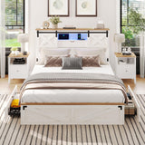 Hasuit Rustic Queen Size Bed Frame with LED Lights, Charging Station, and Storage Drawers Hasuit
