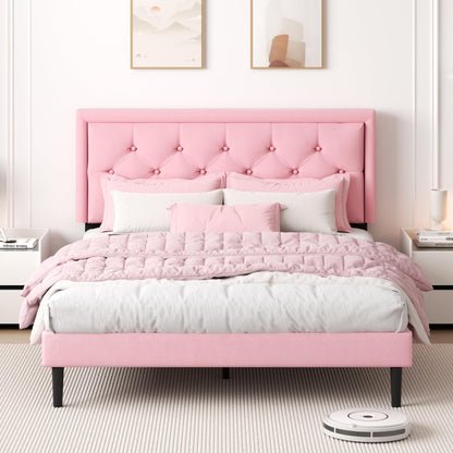 CXVX Queen Size Platform Bed Frame with Upholstered Velvet Button Tufted Headboard, Mattress Foundation with Wooden Slat Support, No Box Spring Needed, Easy Assembly, Noise Free, Pink