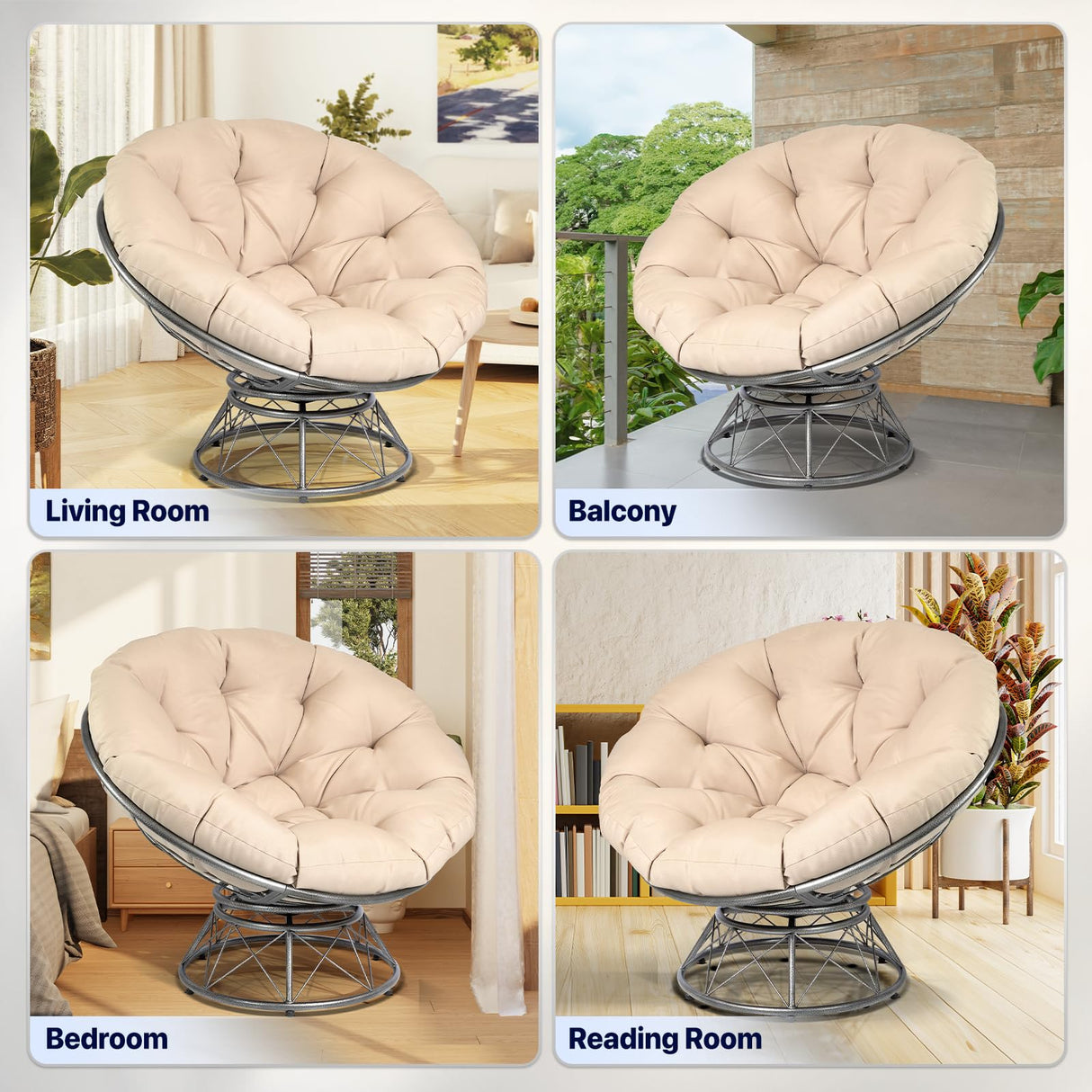 HomeVie 45'' Oversized Swivel Papasan Chair with Cushion and Frame – 7'' Thick Padded Seat + 1.75'' Support Pad, 450 lbs Capacity – Rotating Papasan Chair Frame – Suitable for Bedroom, or Reading Nook HomeVie