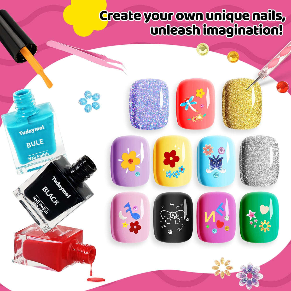 Tudaymol Nail Polish Set for Kids - Water-Based Peelable Polish-8 Colors with Glitter, Gems, Stickers, Pens, Tools, DIY Nail Art Kit, Non-Toxic Girl Toys Birthday Gift for Girls Ages 6 7 8 9 10 11 12 Tudaymol