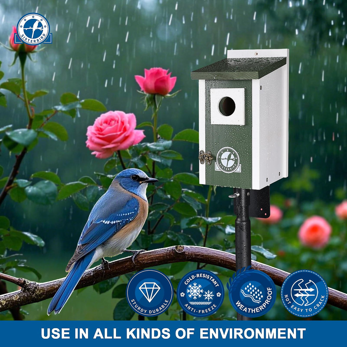 SISTERBIRD Bird Houses for Outside, Dark Green Bird House, Bluebird Houses for Outside, Garden Decoration Birdhouses for Outdoors, Bluebird Finch Swallow Wren Chickadee SISTERBIRD