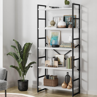 Shintenchi 5-Tier Industrial Bookshelf - Elegant White Bookcase for Living Room, Bedroom, or Office - WoodArtSupply