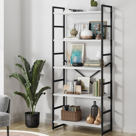 Shintenchi 5-Tier Industrial Bookshelf - Elegant White Bookcase for Living Room, Bedroom, or Office Shintenchi