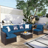 PAIQIAN 7 Piece Patio Furniture Set, Sectional Sofa Set Outdoor Rattan Patio Outdoor Sectional, Rattan Chairs Glass Table Seating Sectional Sofa with Cushions (Brown Blue) PAIQIAN
