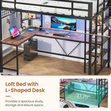 MSmask Loft Bed Twin Size with L Shaped Desk, LED Lights, Charging Station, Heavy Duty Metal Loft Bed Frame with 6 Storage Shelves, Safety Guard & Ladder, No Box Spring Needed, No Noise, Black MSmask