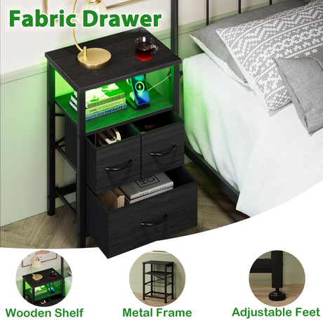 Furnulem Black Nightstand with Wood Shelf, Bedside Table with Led Light and Charging Station, 25.8 Inch End Table with 3 Fabric Storage Drawers, Small Side Table Night Stand for Bedroom Furniture Furnulem