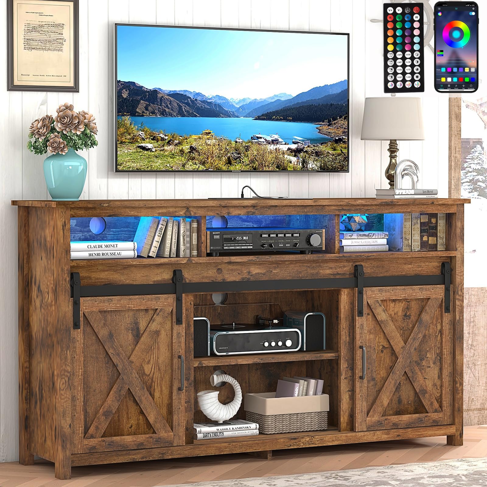 Vinctik 6&Fox 57In Wooden Farmhouse Entertainment Center for 60/65 inch TV,Double Layer Storage Farmhouse TV Stand,Double-Row Sockets with Wood Sliding Barn Door TV Stand,Adjustable Storage S - WoodArtSupply