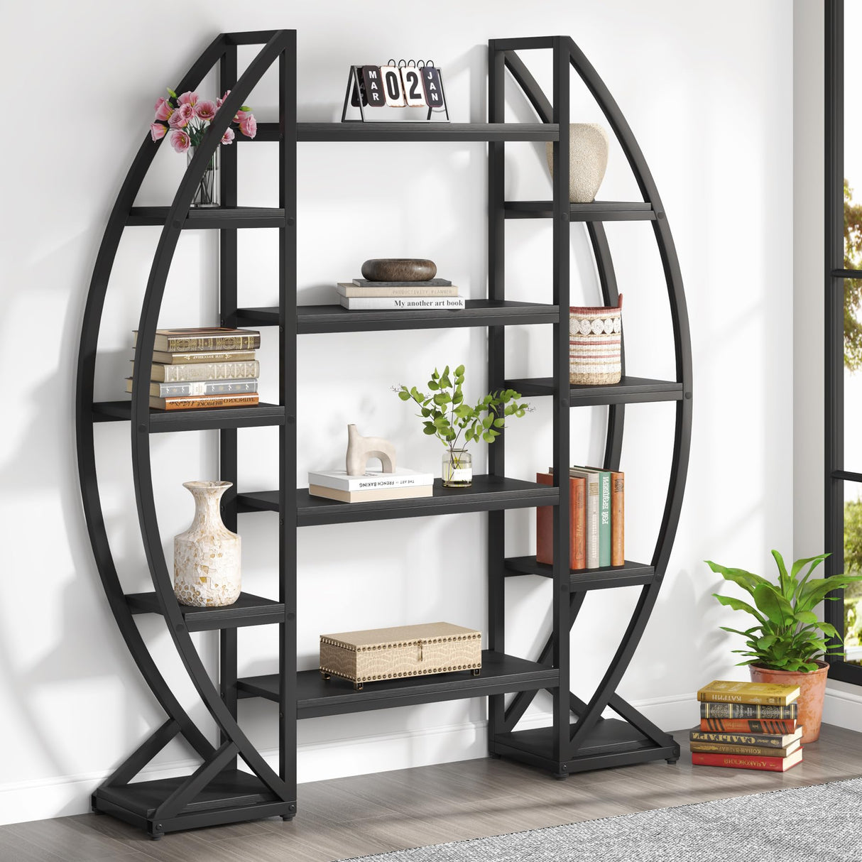 Tribesigns Oval Bookshelf, Triple Wide 5 Tiers Etagere Bookcases, Industrial Display Shelves for Living Room (55", Black) Tribesigns