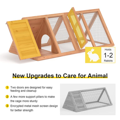 Rabbit Hutch, Small Chicken Coop Outdoor A-Frame Quail Cage with 2 Door & Run Cage Wooden Triangle Quail Hutch with Ventilating Wire Poultry Hutch for Small Animal (Wood)